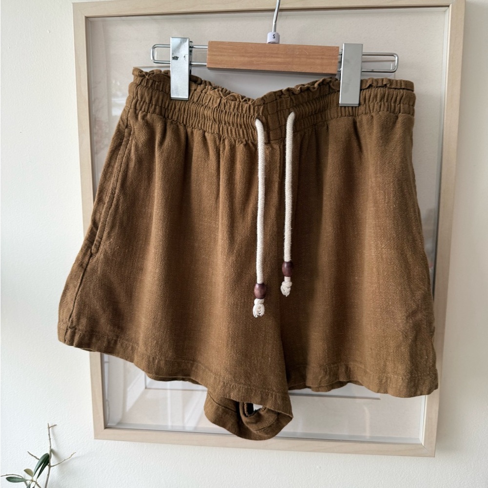 Zara Brown Drawstring Linen-Blend Athletic Shorts